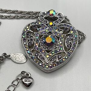 Kirks Folly All For Love Locket Necklace Silver Aurora Borealis Crystals